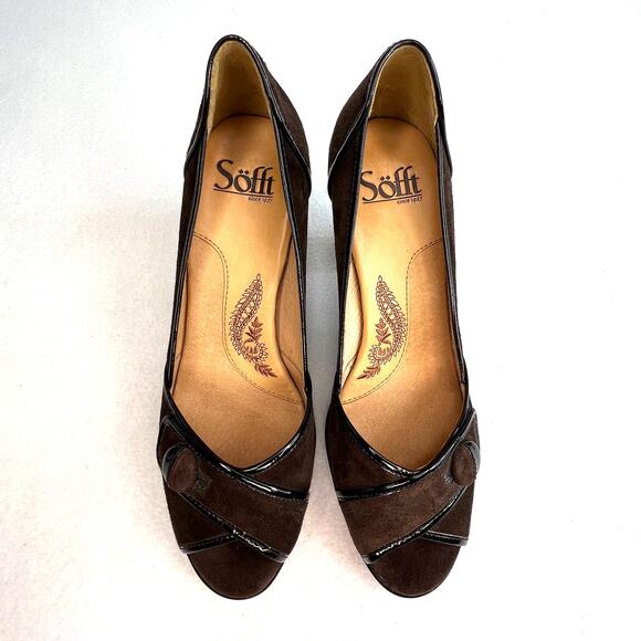 Sofft Womens Classic Pumps Size 7.5M Brown Suede Patent Leather Trim Peep Toe - Picture 2 of 12